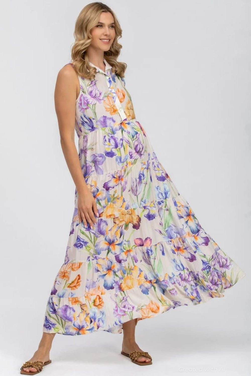 CLARA QA30 Sleeveless Printed Maxi Maternity Dress - Iris Romance - S - Dresses
