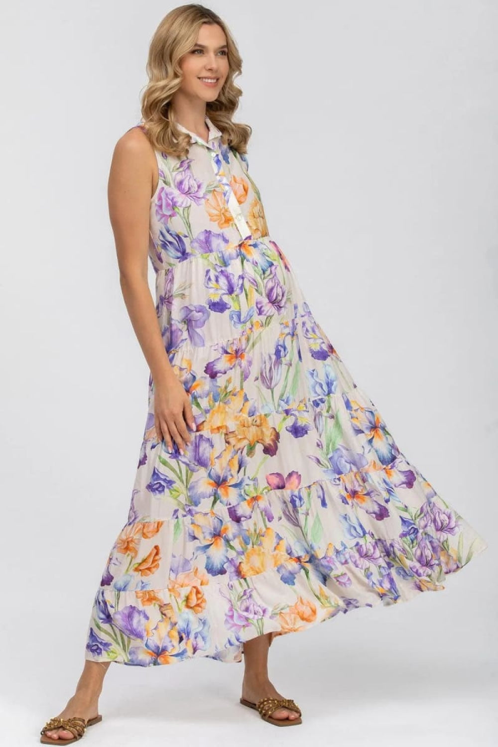 CLARA QA30 Sleeveless Printed Maxi Maternity Dress - Iris Romance - S - Dresses