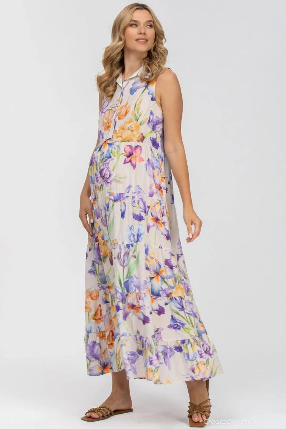 CLARA QA30 Sleeveless Printed Maxi Maternity Dress - Iris Romance - S - Dresses