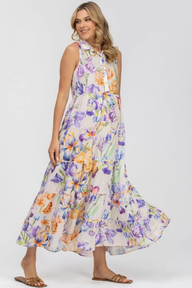 CLARA QA30 Sleeveless Printed Maxi Maternity Dress - Iris Romance - S - Dresses