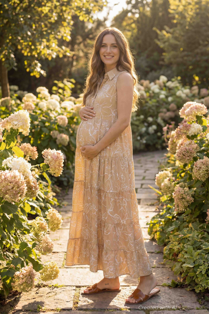 CLARA QD51 Sleeveless Printed Maxi Maternity Dress - Sand Fine Lines - Dresses