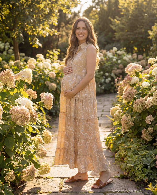 CLARA QD51 Sleeveless Printed Maxi Maternity Dress - Sand Fine Lines - Dresses