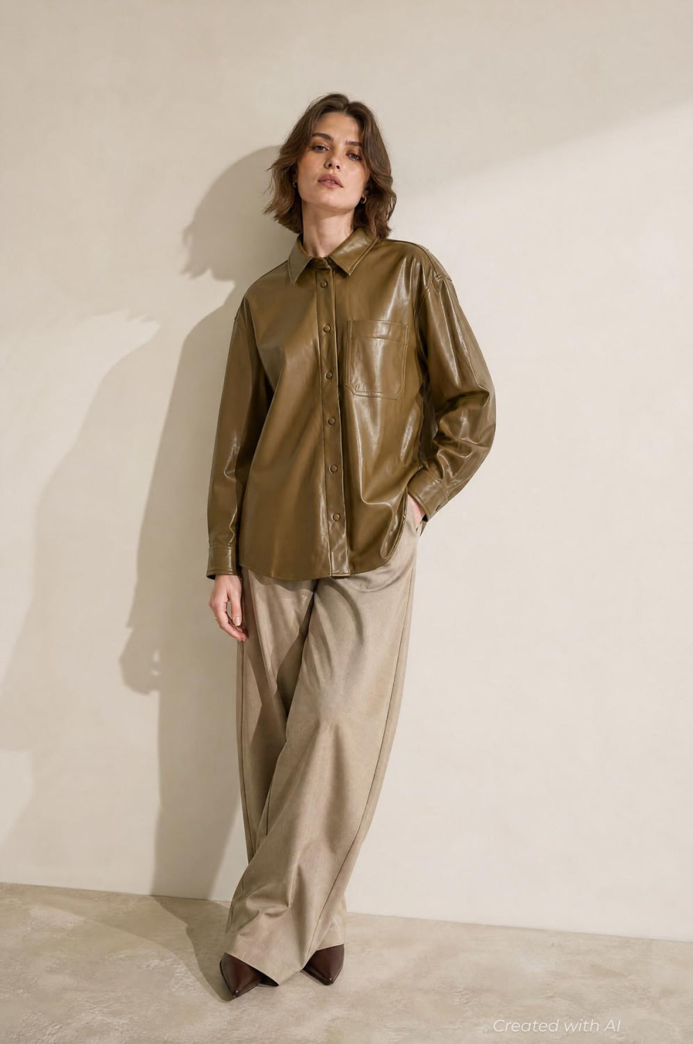 Classic Faux Leather Button Up - Army - Button Down Shirt