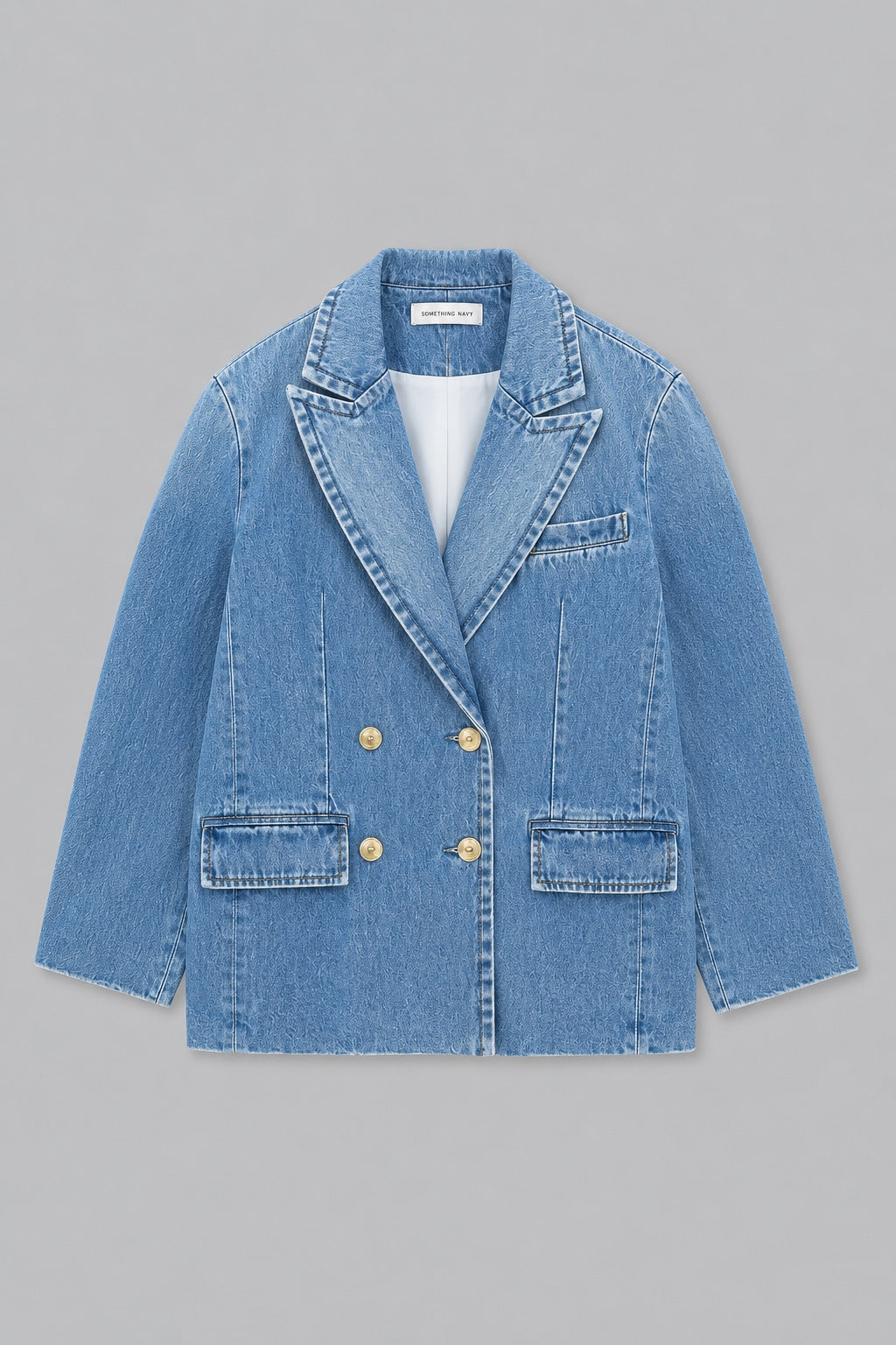 Double Breasted Denim Blazer - Medium Blue