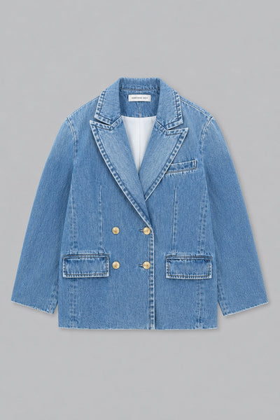 Double Breasted Denim Blazer - Medium Blue