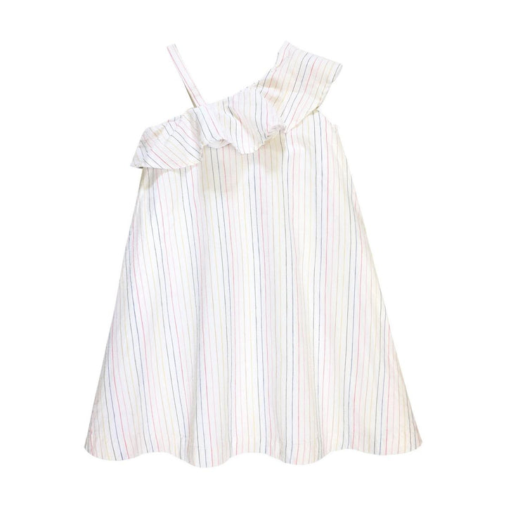 One Shoulder Flounce Dress - Rainbow Pencil Stripe
