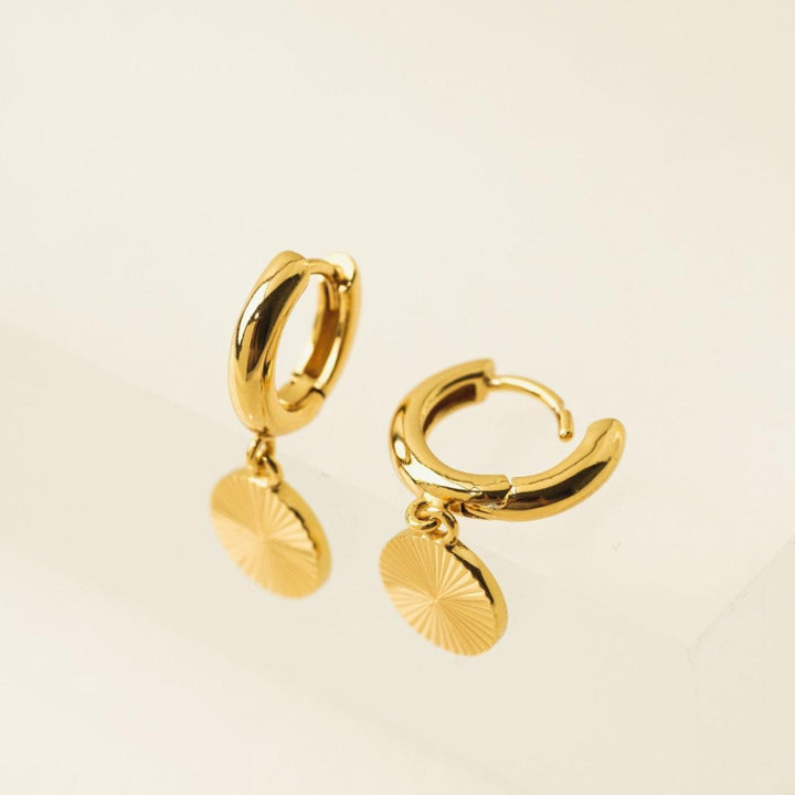 Coin Fluted Huggie Drop Hoop Earrings - Gold - Earrings