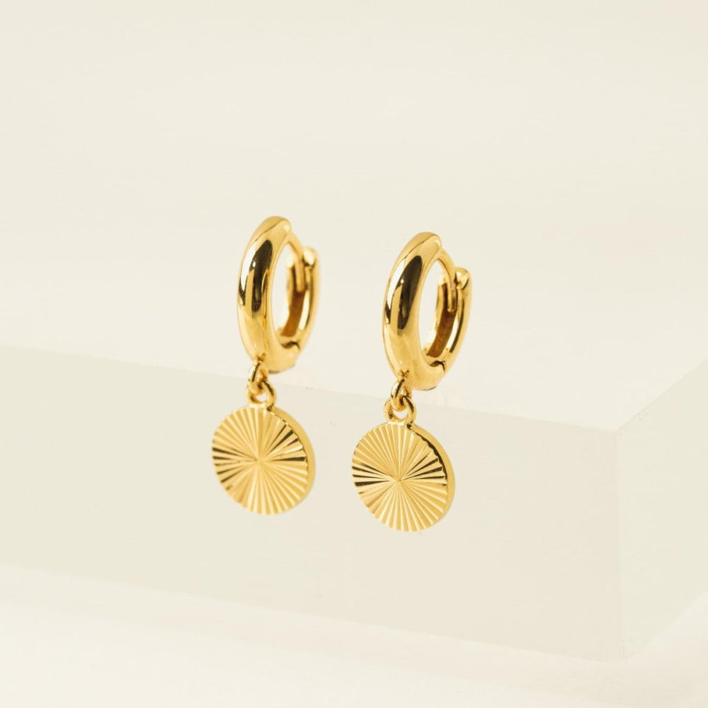 Coin Fluted Huggie Drop Hoop Earrings - Gold - Earrings