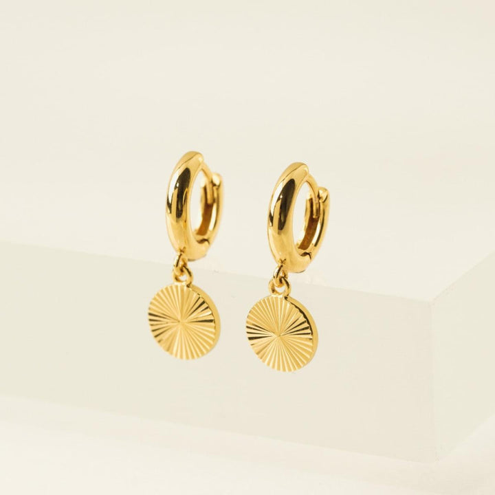 Coin Fluted Huggie Drop Hoop Earrings - Gold - Earrings