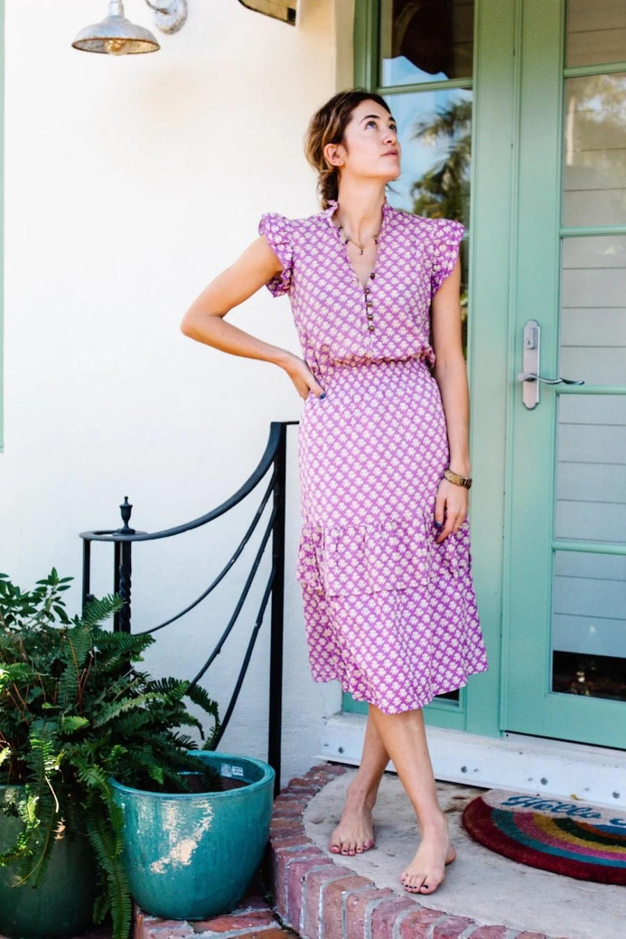 Cornelia Cotton Dress - Purple Stamp - Dresses