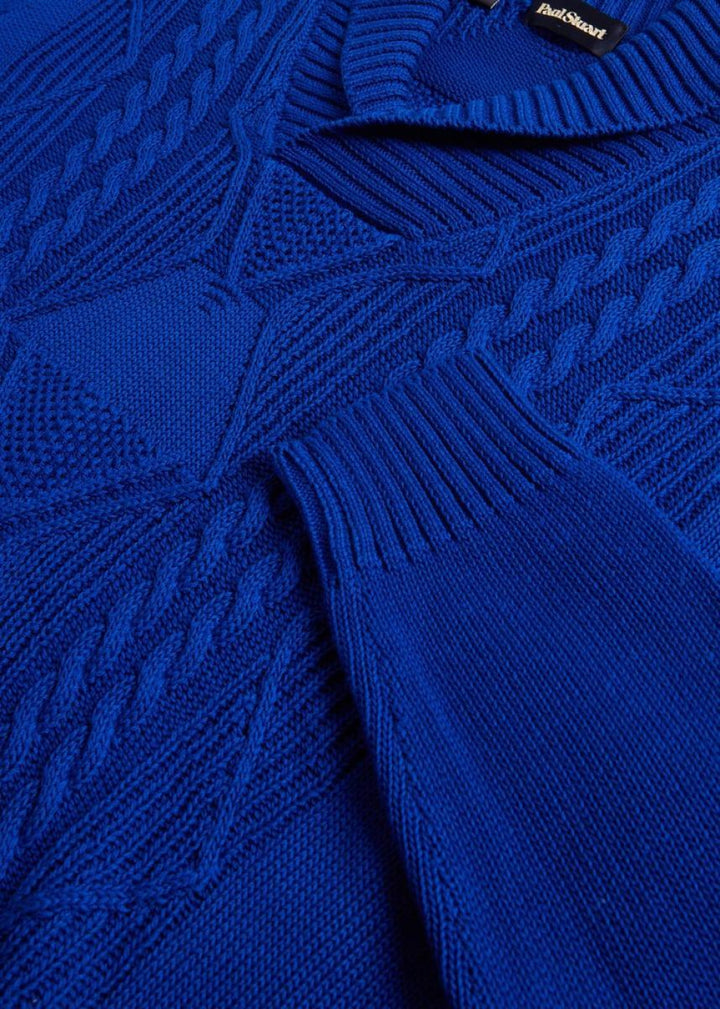 Cotton Cable Shawl Collar Sweater - Royal Blue - M (40) - Sweater