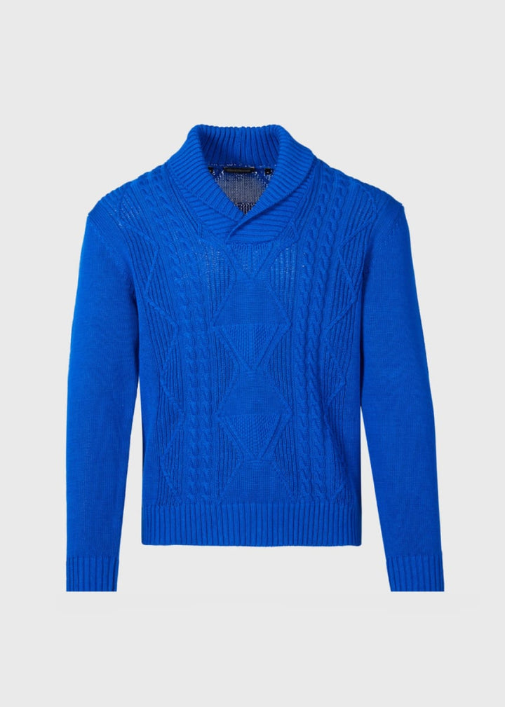 Cotton Cable Shawl Collar Sweater - Royal Blue - M (40) - Sweater