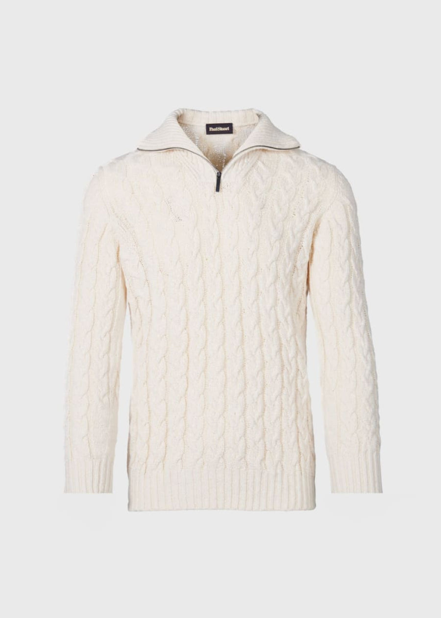 Cotton Cable Zip Neck Pullover - White - Sweater