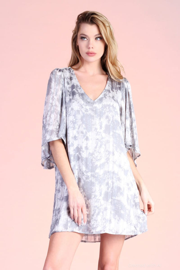 Cotton Candy Tie Dye Satin Petal Sleeve Dress - Grey - Dresses
