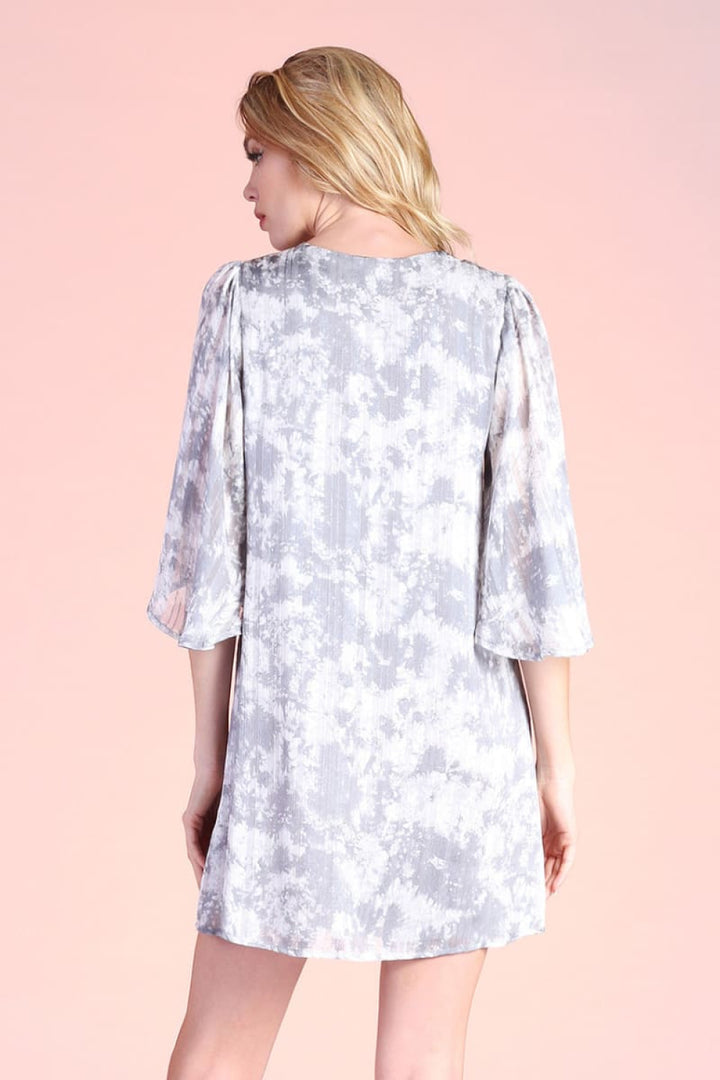 Cotton Candy Tie Dye Satin Petal Sleeve Dress - Grey - Dresses