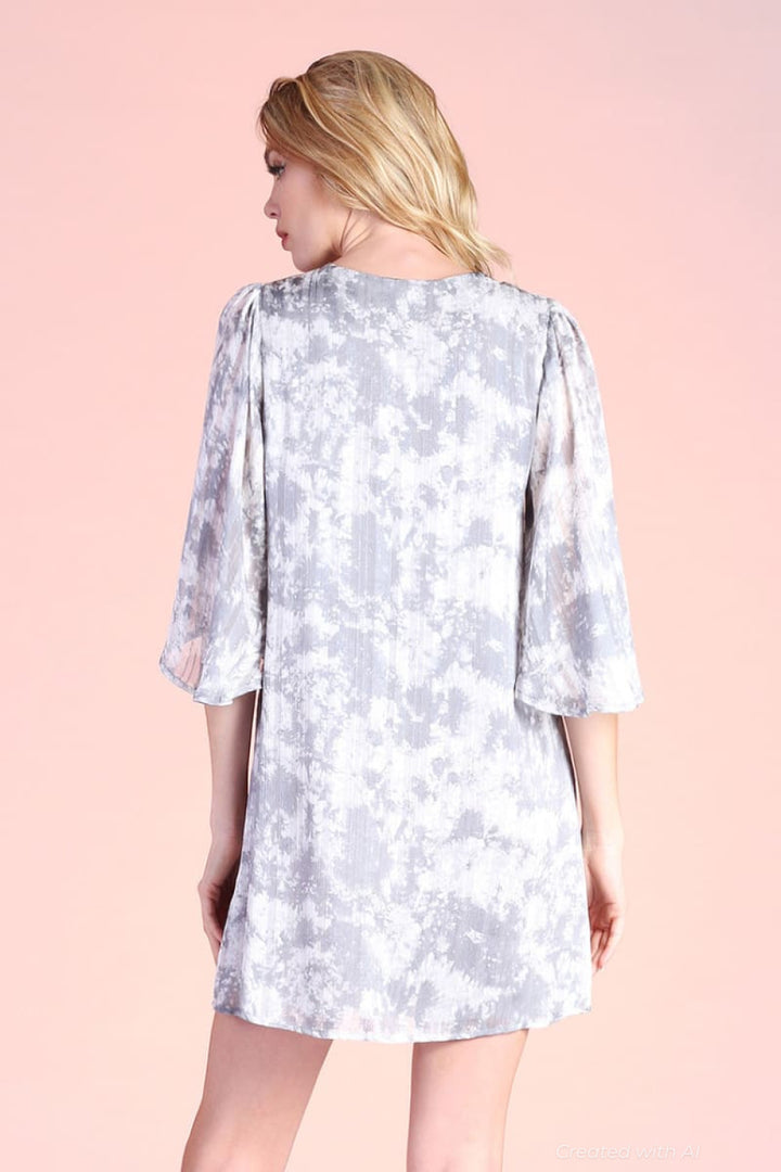 Cotton Candy Tie Dye Satin Petal Sleeve Dress - Grey - Dresses