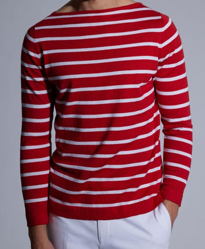 Cotton & Cashmere Boat Neck Stripe Pullover - Red - Shirt
