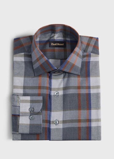Cotton Flannel Plaid Sport Shirt - Light Grey/Dark Grey - Collared Shirt