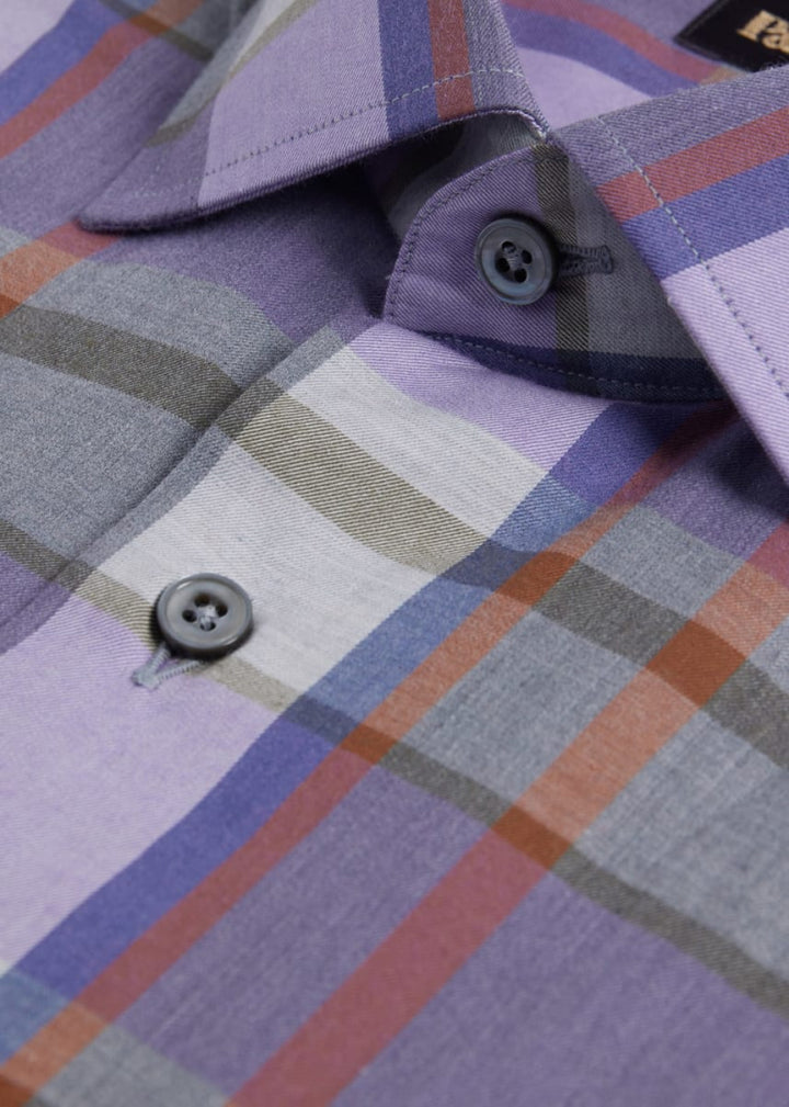 Cotton Flannel Plaid Sport Shirt - Light Grey/Lilac - Collared Shirt