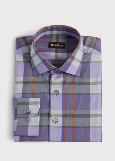 Cotton Flannel Plaid Sport Shirt - Light Grey/Lilac - Collared Shirt