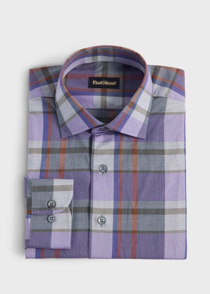 Cotton Flannel Plaid Sport Shirt - Light Grey/Lilac - Collared Shirt