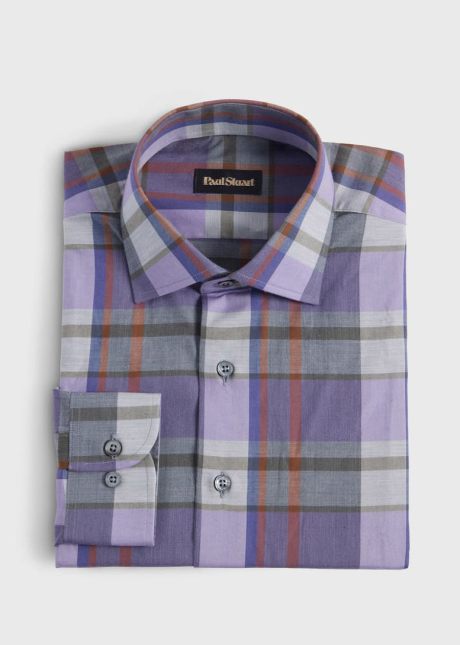 Cotton Flannel Plaid Sport Shirt - Light Grey/Lilac - Collared Shirt
