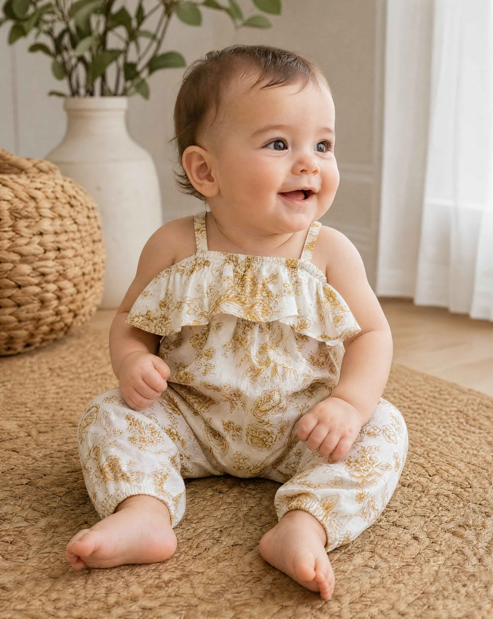 Cotton floral baby overalls - Ivory - Romper