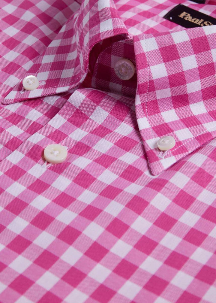 Cotton Gingham Sport Shirt - Bright Pink - Collared Shirt