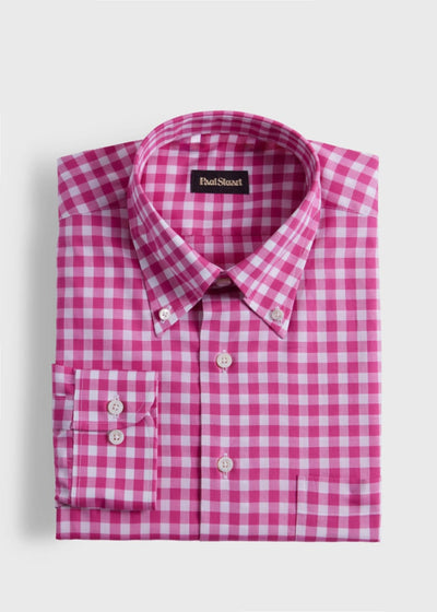 Cotton Gingham Sport Shirt - Bright Pink - Collared Shirt