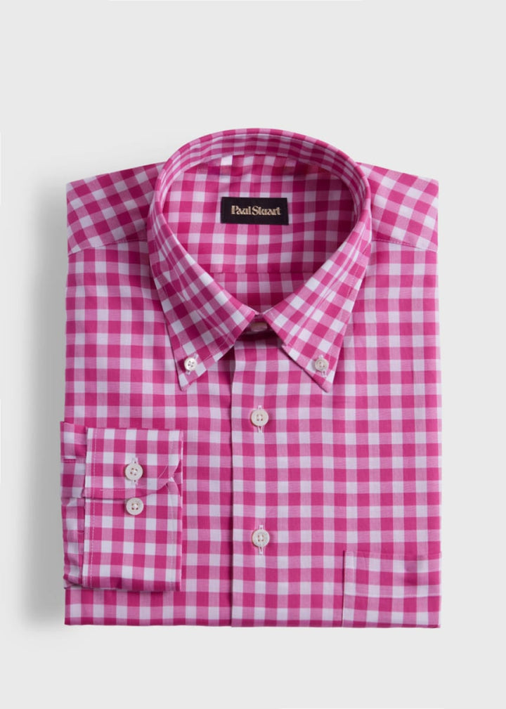 Cotton Gingham Sport Shirt - Bright Pink - Collared Shirt