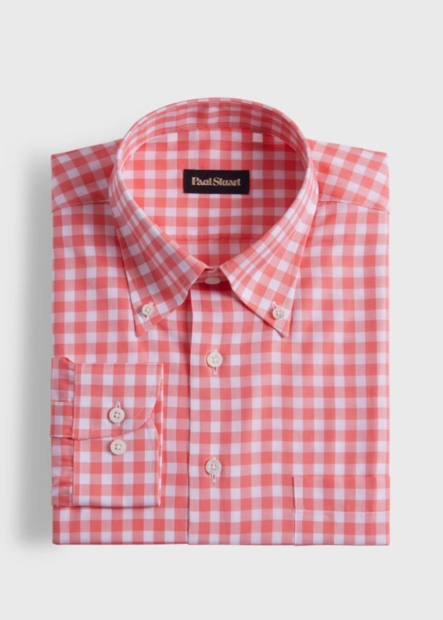 Cotton Gingham Sport Shirt - Coral - Collared Shirt