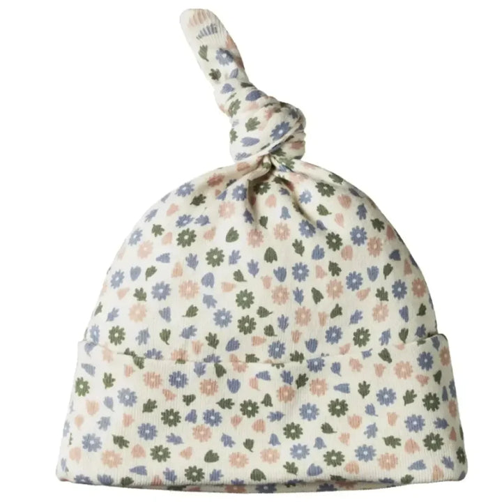 Cotton Knotted Beanie - Chamomile Blooms Print - 0-6m - Beanie