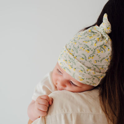Cotton Knotted Beanie - Petite Kowhai Print - 0-6m - Beanie