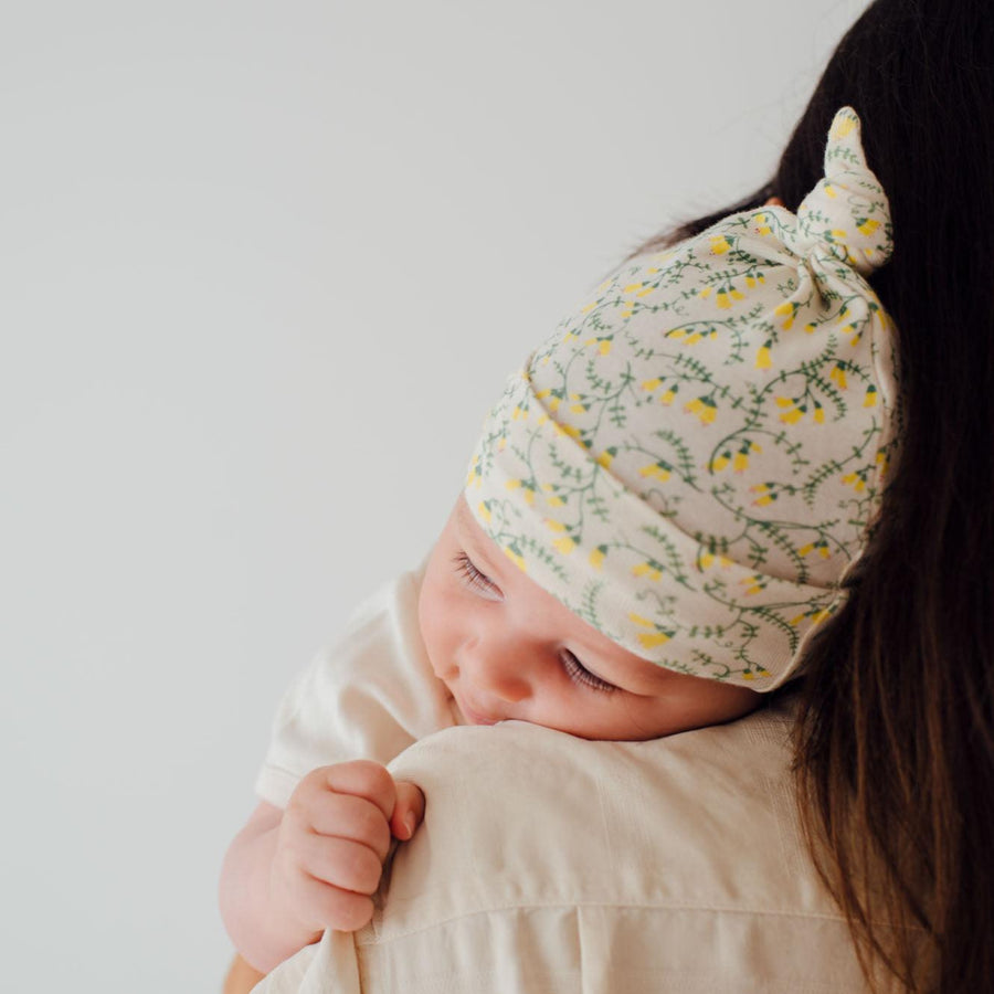 Cotton Knotted Beanie - Petite Kowhai Print - 0-6m - Beanie