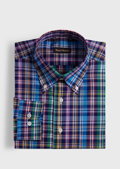 Cotton Plaid Sport Shirt - Navy/Multi - Collared Shirt