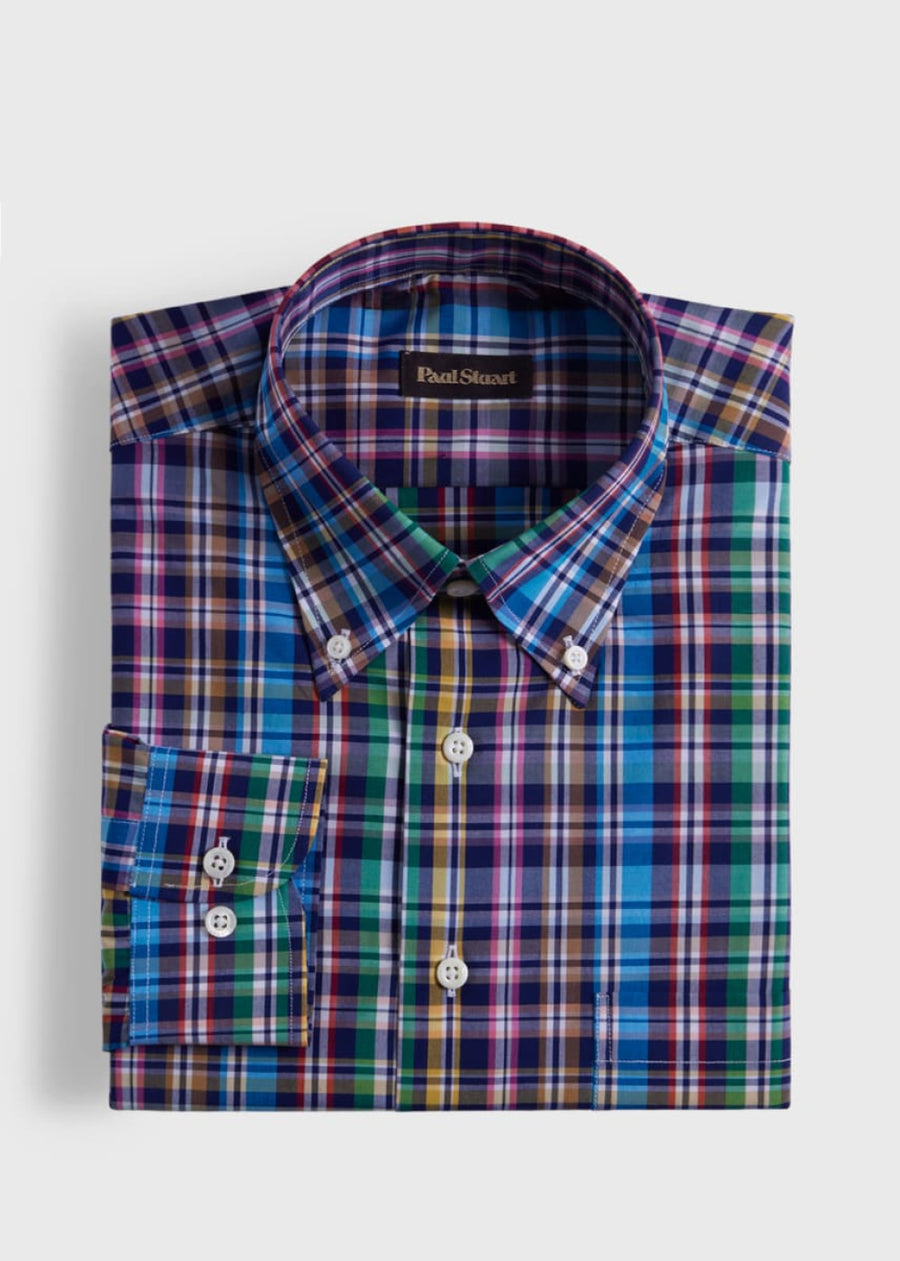 Cotton Plaid Sport Shirt - Navy/Multi - Collared Shirt