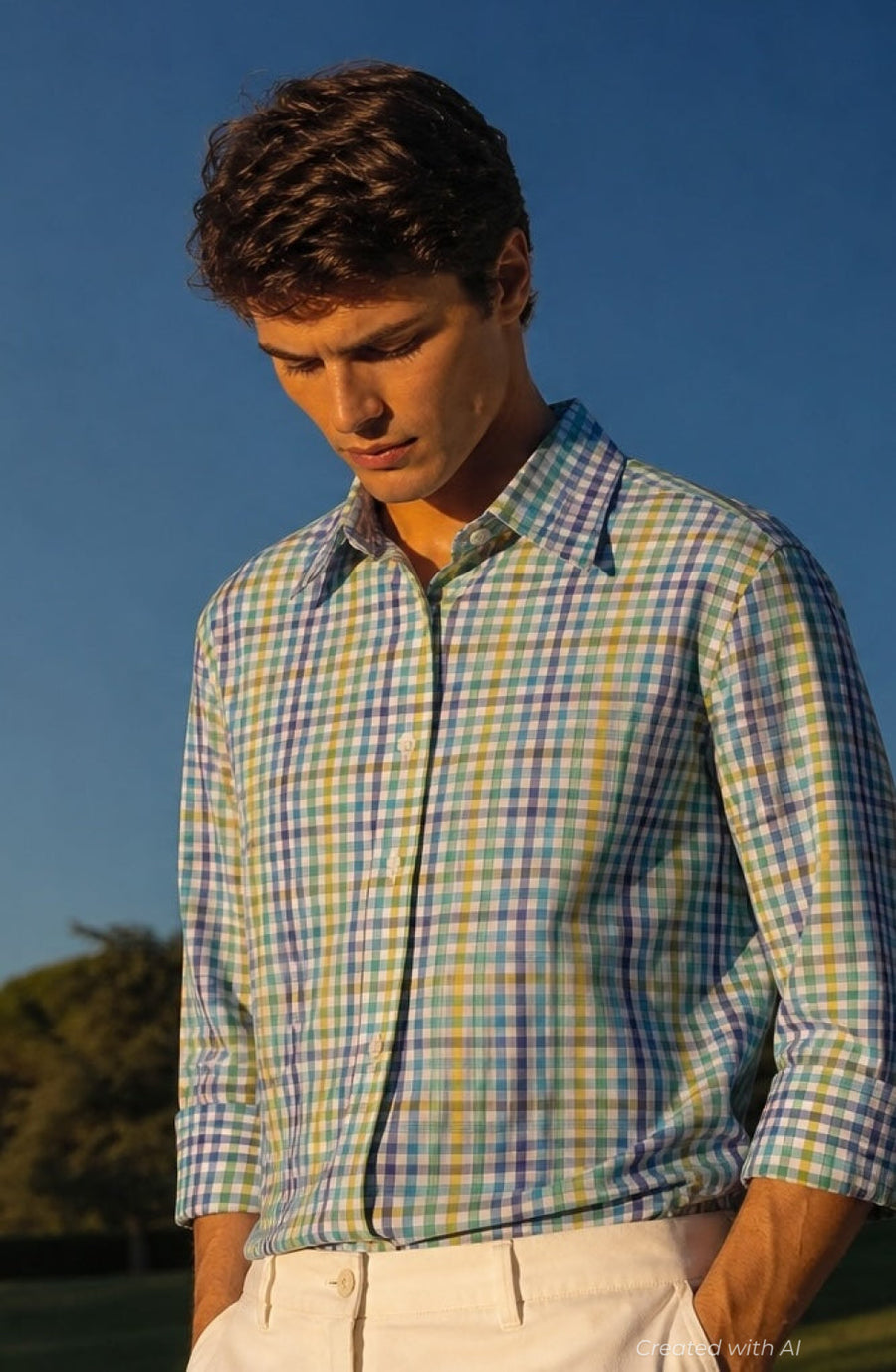 Cotton Plaid Two Color Check Sport Shirt - Blue/Yellow - Collared Shirt