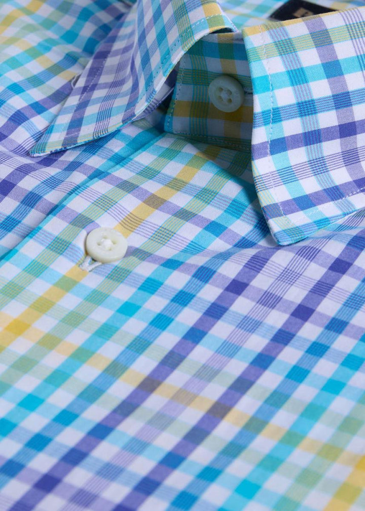 Cotton Plaid Two Color Check Sport Shirt - Blue/Yellow - Collared Shirt
