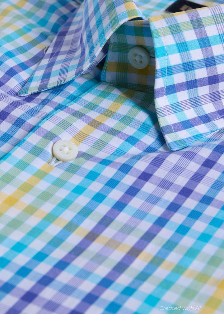 Cotton Plaid Two Color Check Sport Shirt - Blue/Yellow - Collared Shirt