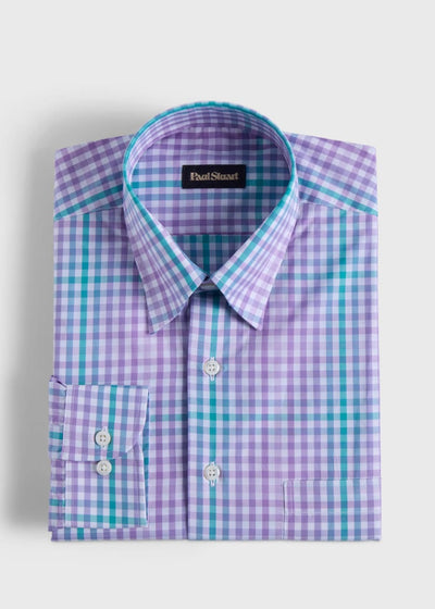 Cotton Plaid Two Color Check Sport Shirt - Purple/Green - Collared Shirt