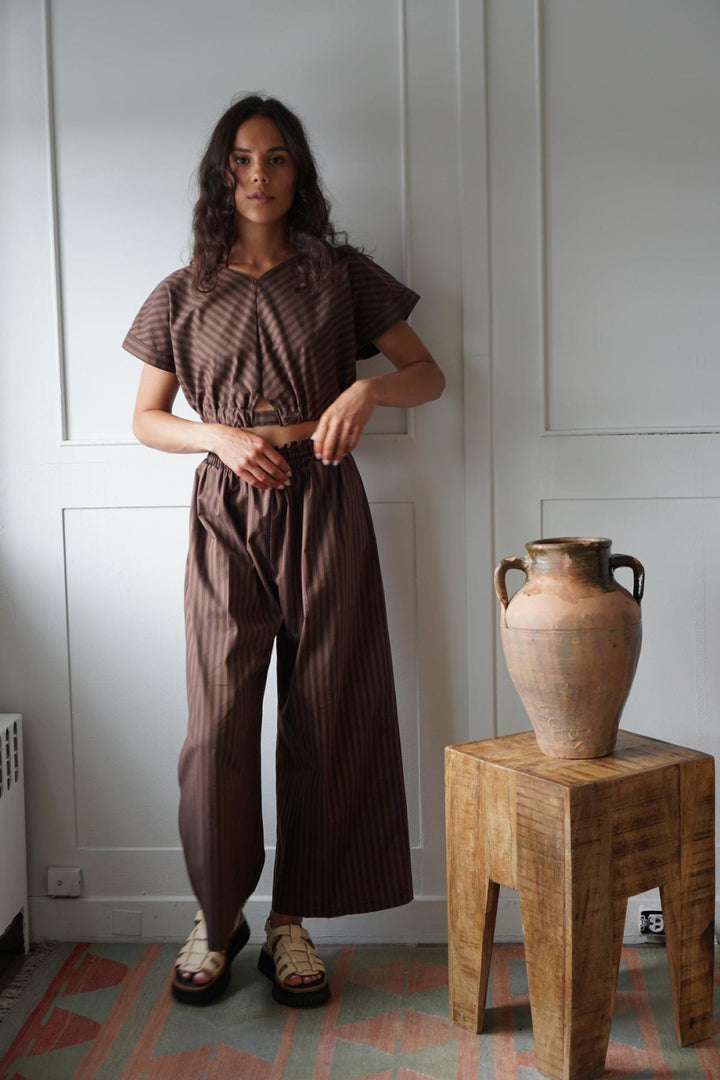 Cotton Stripe Bubble Top - Cocoa Brown - Shirt