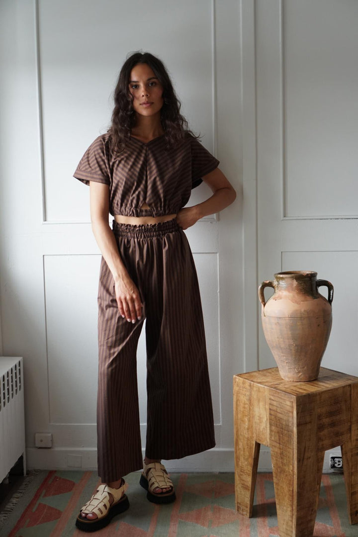 Cotton Stripe Bubble Top - Cocoa Brown - Shirt