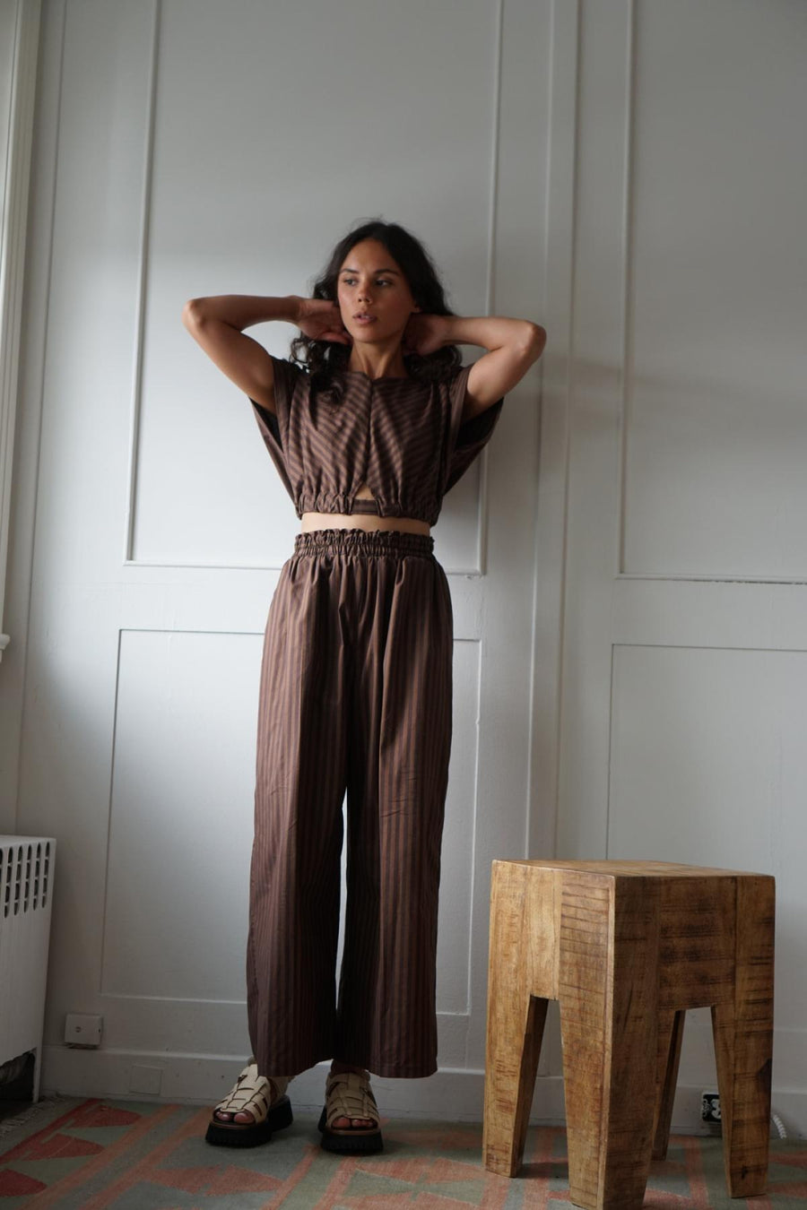 Cotton Stripe Bubble Top - Cocoa Brown - Shirt