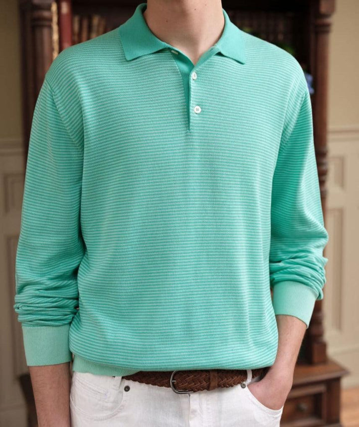 Cotton Stripe Long Sleeve Polo - Turquoise - XXL (46) - Polo