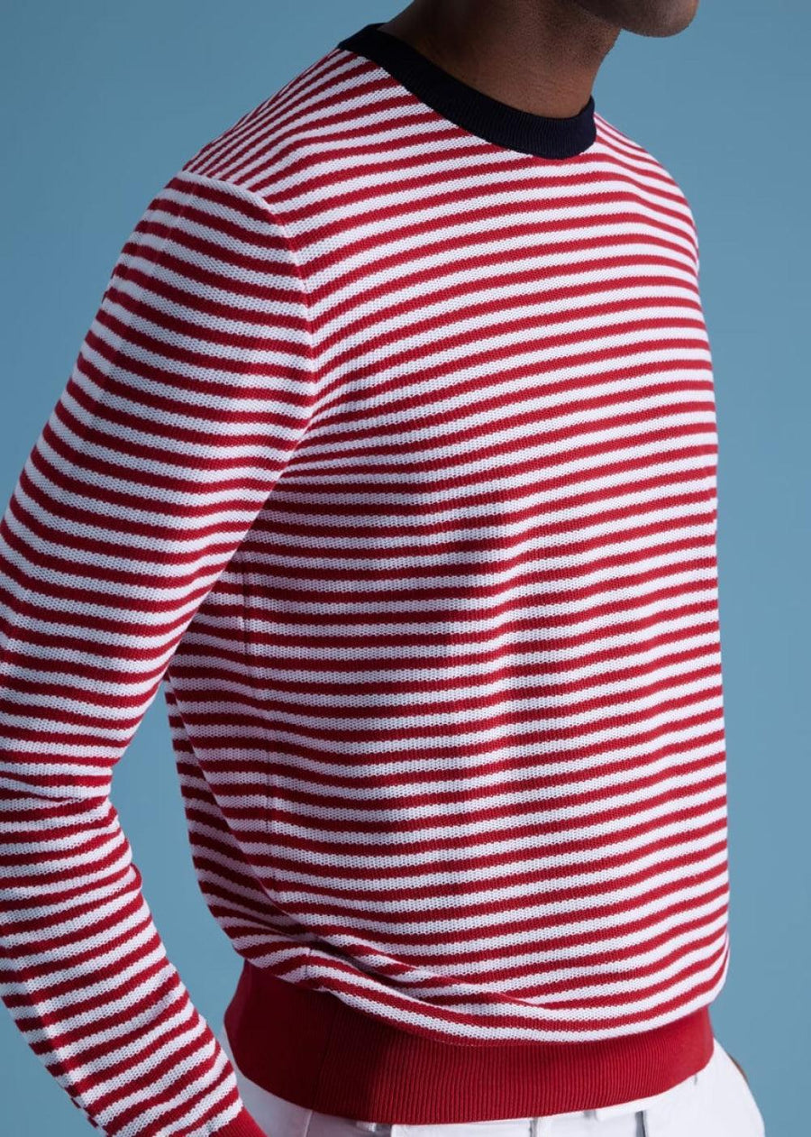 Cotton Striped Crewneck Sweater - Red/White - XXL (46) - Sweater