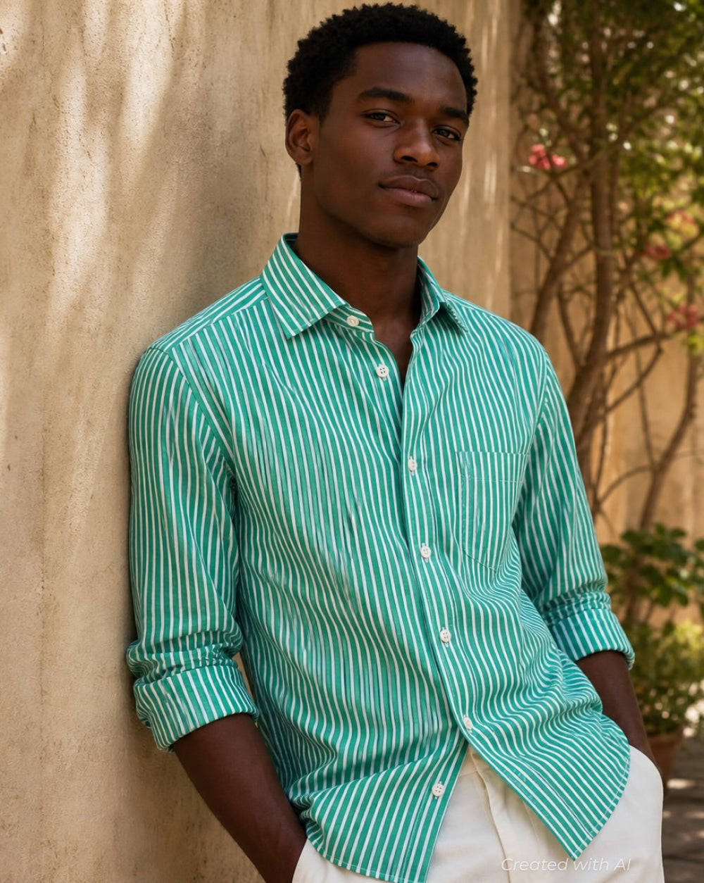 Cotton Vertical Stripe Sport Shirt - Green - Collared Shirt