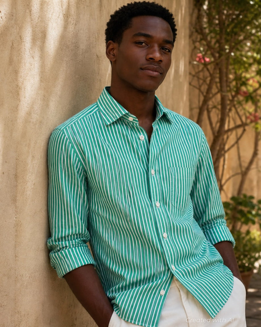 Cotton Vertical Stripe Sport Shirt - Green - Collared Shirt
