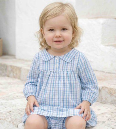 Cotton Woven Baby Dress & Bloomers Set - Blue Checkered - Dresses