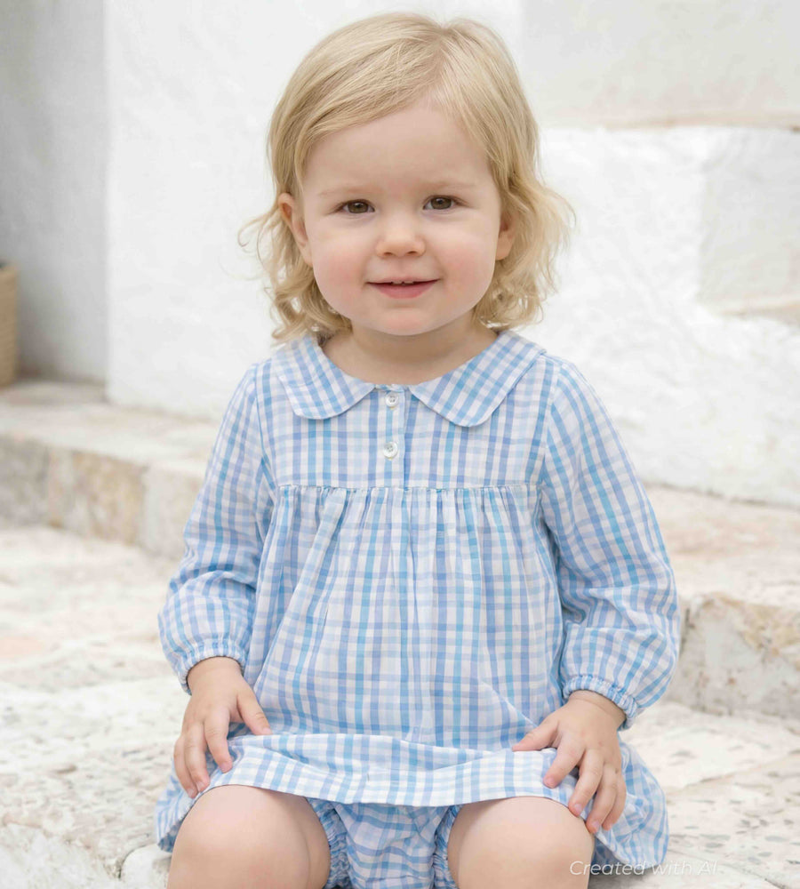 Cotton Woven Baby Dress & Bloomers Set - Blue Checkered - Dresses