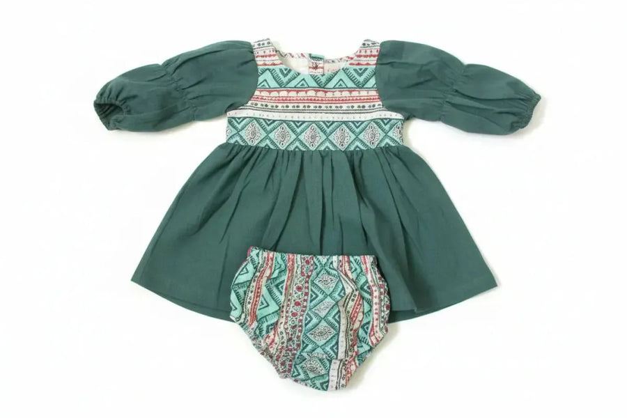 Cotton Woven Baby Dress & Bloomers Set - Teal - Dresses